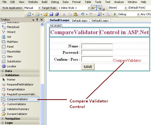 use compare validator control in asp.net