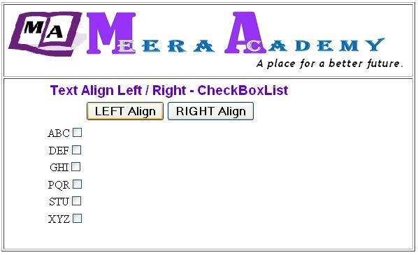 The ASP.Net CheckboxList Control Text Align Example in ASP.Net with C#