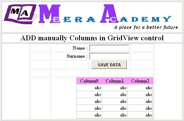 Add manually create columns in gridview control