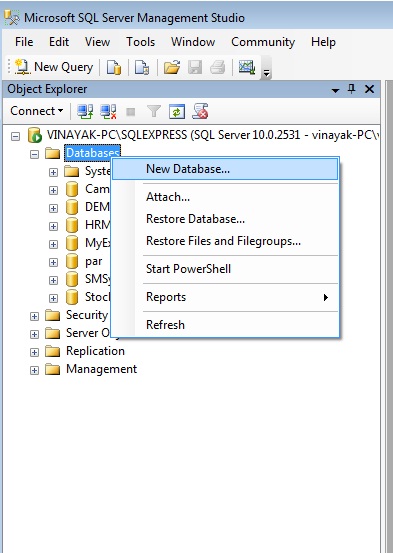 Create New database in sql server management studio 2008.