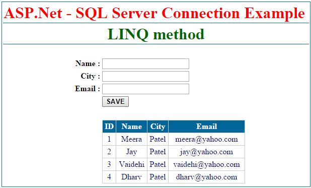 ASP.Net - Sql Server connection using LINQ method.