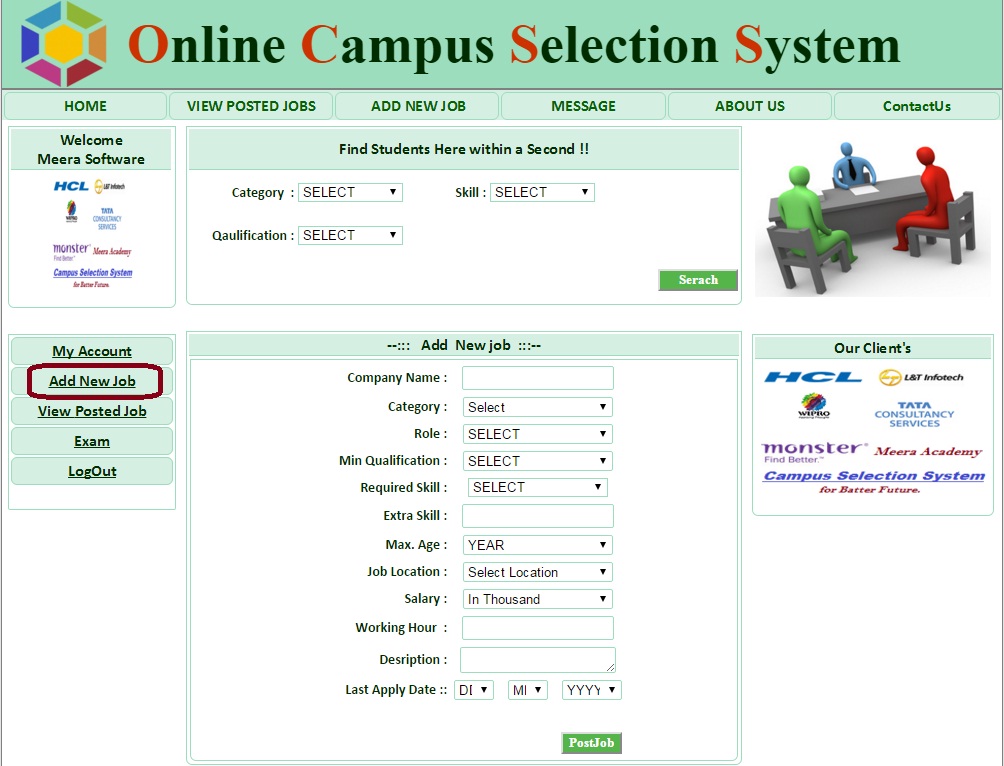 Company Add New Job Form - Campus Selection System