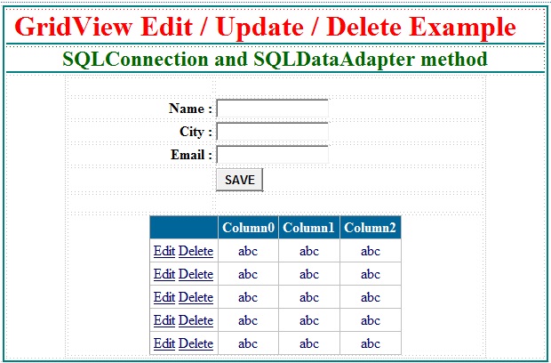 Insert Update Delete data in gridview control in asp.net c#