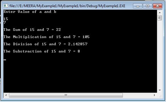 Console application program for sum,multiplication, division and subtraction.